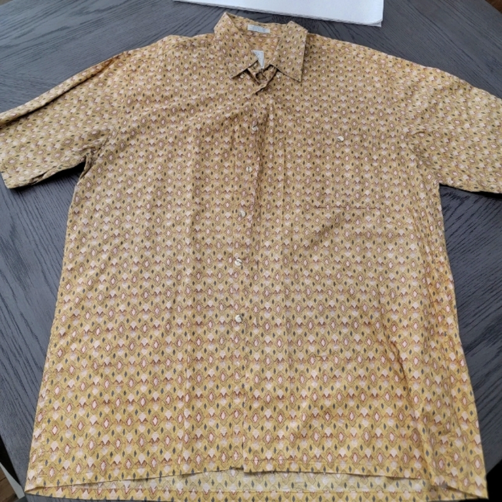 Burma Bibas Mens 100% Cotton Large Dress Shirt Beige Tan Geometric Print